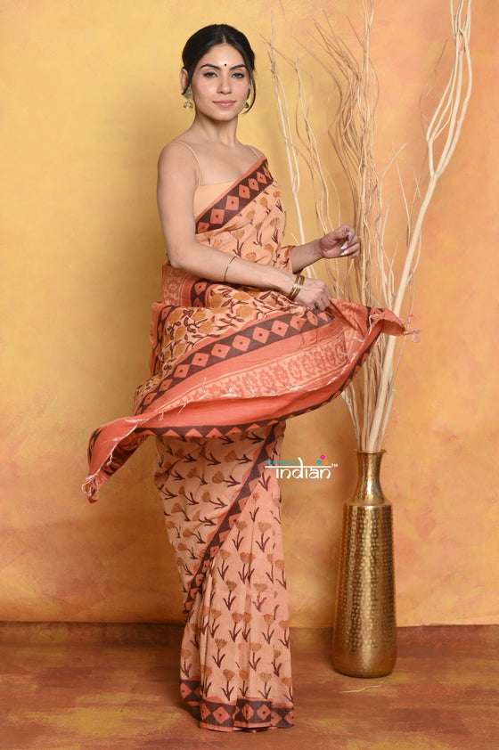 Mastaani ~ Designer Modal Silk Saree With With Beautiful Floral Print - Light Orange