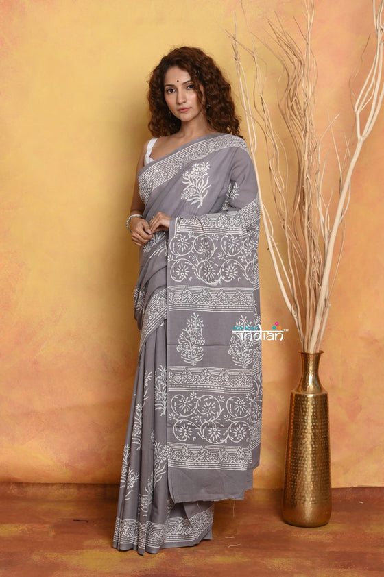 Mastaani ~ Handblock Printed Cotton Saree With Natural Dyes - Grey