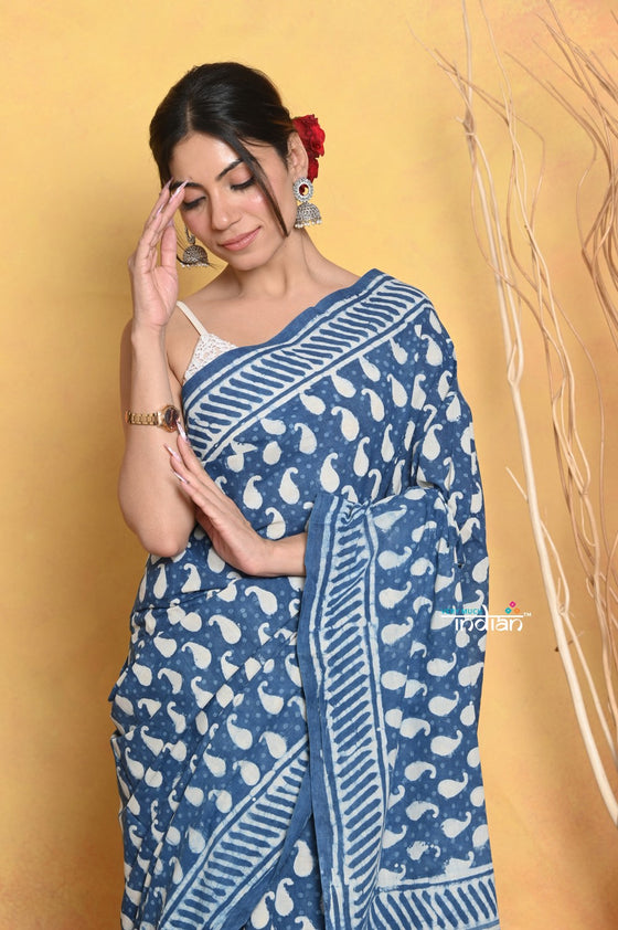 Mastaani ~ Handblock Printed Cotton Saree With Natural Dyes - Blue