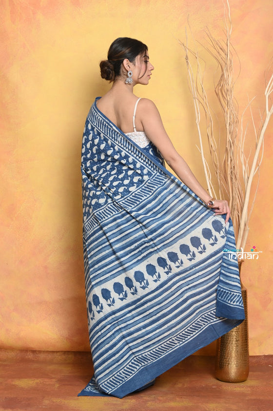 Mastaani ~ Handblock Printed Cotton Saree With Natural Dyes - Blue