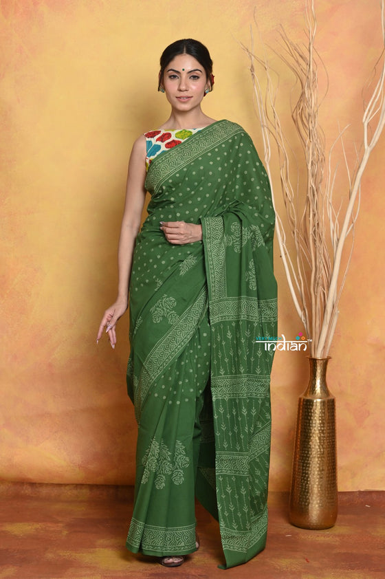 Mastaani ~ Handblock Printed Cotton Saree With Natural Dyes - Green