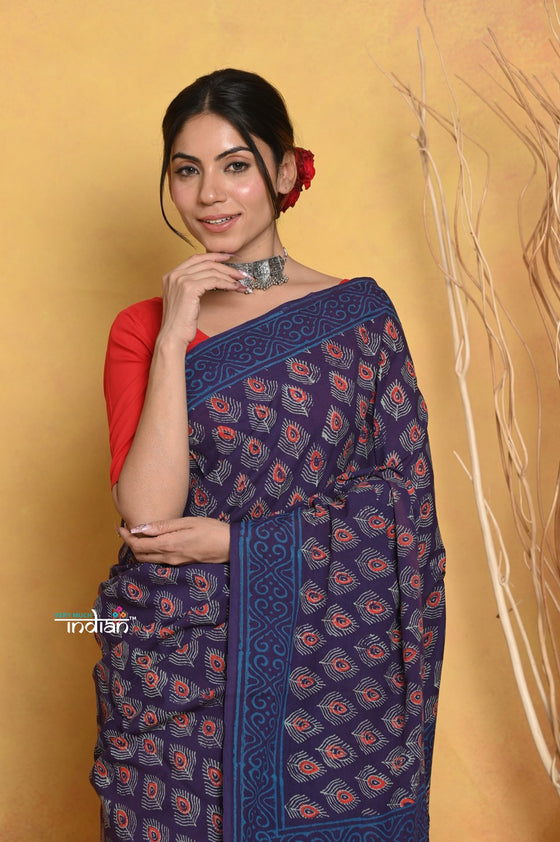 Mastaani ~ Handblock Printed Cotton Saree With Natural Dyes - Blue