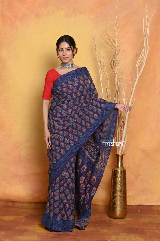 Mastaani ~ Handblock Printed Cotton Saree With Natural Dyes - Blue