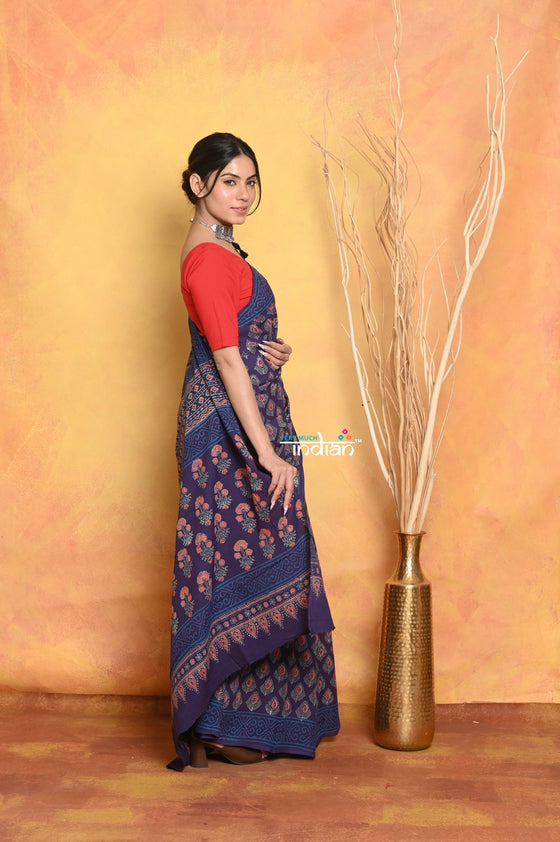 Mastaani ~ Handblock Printed Cotton Saree With Natural Dyes - Blue