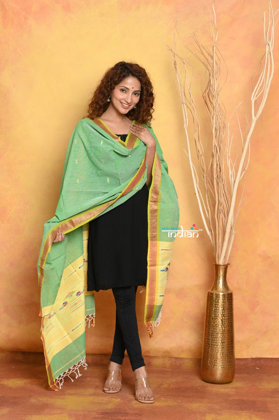 Mastaani ~ Handloom Pure Cotton Paithani Dupatta With Beautiful Handweave and Tassels~ Green