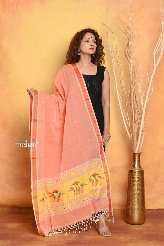 Mastaani ~ Handloom Pure Cotton Paithani Dupatta With Beautiful Handweave and Tassels ~ Orange