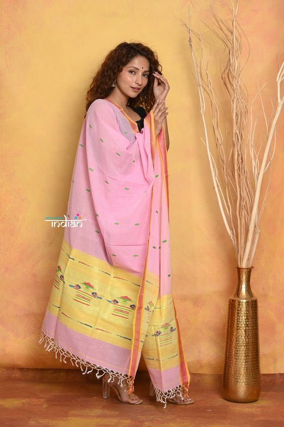 Mastaani ~ Handloom Pure Cotton Paithani Dupatta With Beautiful Handweave and Tassels ~ Pink