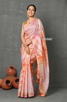  Tyohaar ~ Designer! Cotton Viscose Hand Dyed Saree With Sleek Golden Border - Peach Pink