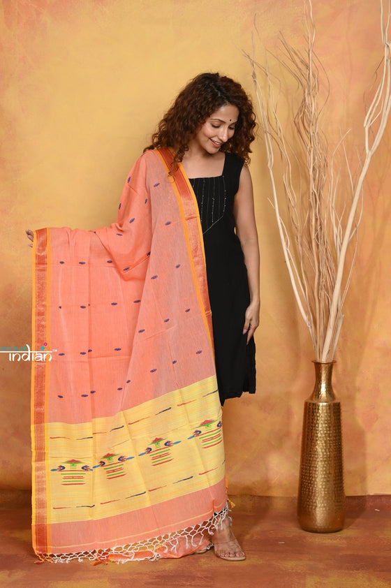 Mastaani ~ Handloom Pure Cotton Paithani Dupatta With Beautiful Handweave and Tassels ~ Orange