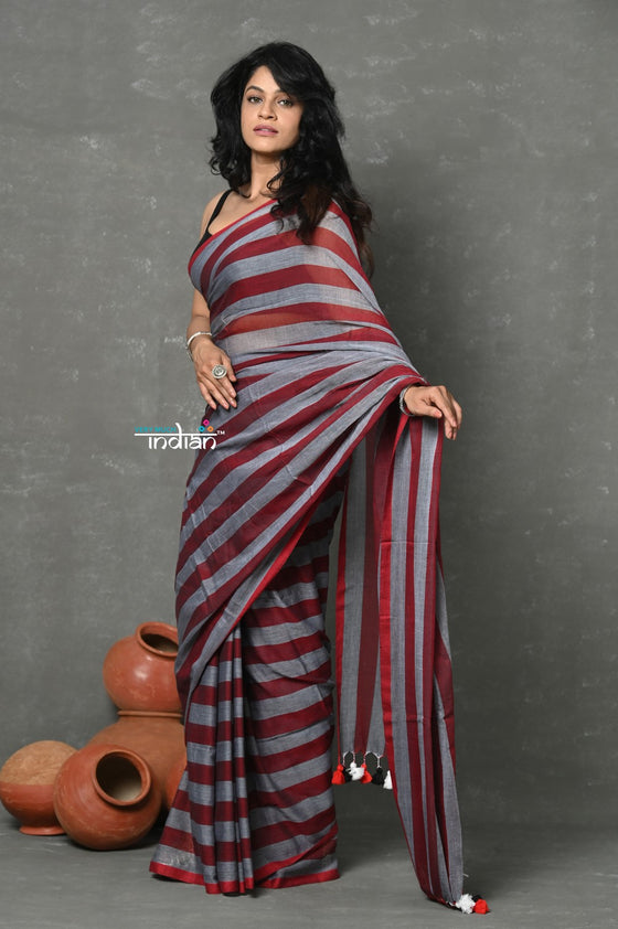 Tyohaar ~ Pure Mul Cotton Handloom Saree ~ Red Grey