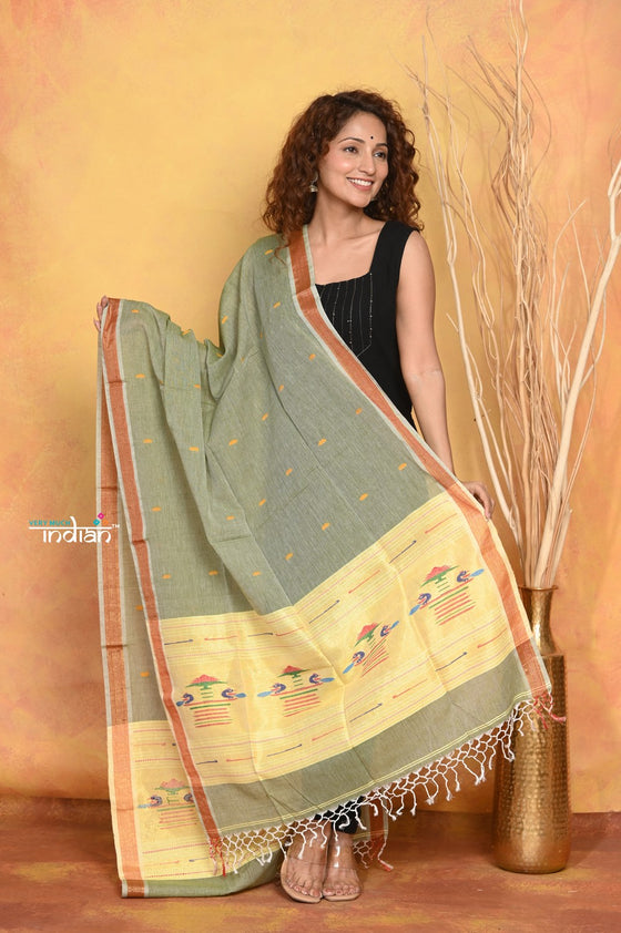 Mastaani ~ Handloom Pure Cotton Paithani Dupatta With Beautiful Handweave and Tassels ~ Mehndi Green