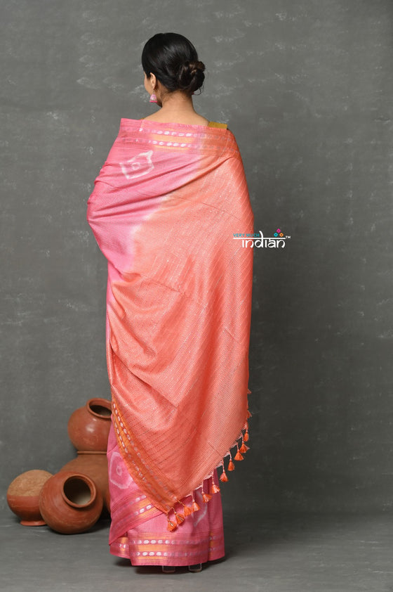 Tyohaar ~ Handloom Pure Cotton Saree With Sleek Border By Khadigram Cerified Weavers - Light Peach