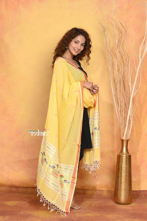 Mastaani ~ Handloom Pure Cotton Paithani Dupatta With Beautiful Handweave and Tassels ~ Yellow