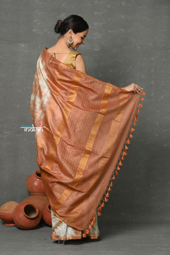 Tyohaar ~ Cotton Viscose Hand Dyed Saree With Sleek Border - Beige Brown