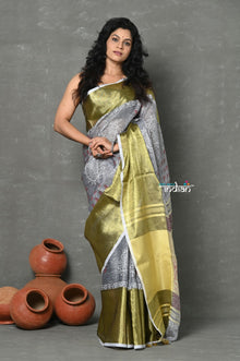  Tyohaar ~ Designed By VMI~ Handloom Pure Organic Natural Linen Saree - HandBlock Printed - Grey