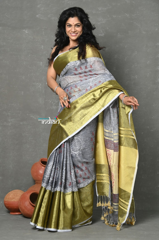 Tyohaar ~ Designed By VMI~ Handloom Pure Organic Natural Linen Saree - HandBlock Printed - Grey