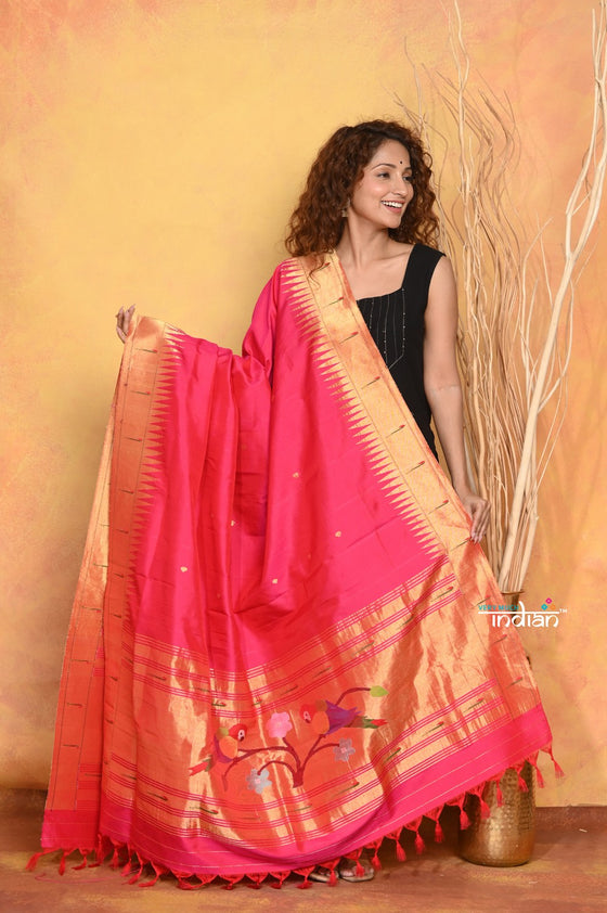 Mastaani ~ Handloom Pure Silk Muniya Border Paithani Dupatta With Beautiful Handweave and Tassels ~ Rani Pink