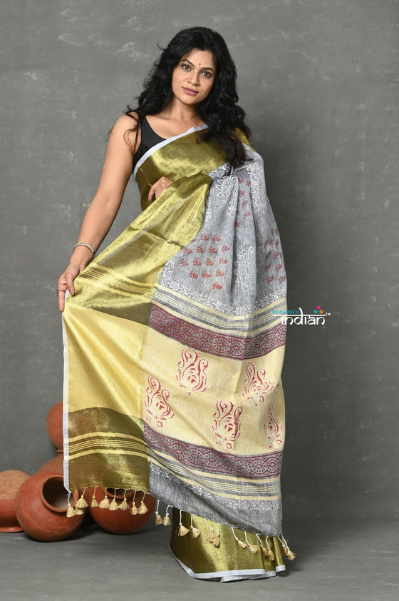 Tyohaar ~ Designed By VMI~ Handloom Pure Organic Natural Linen Saree - HandBlock Printed - Grey