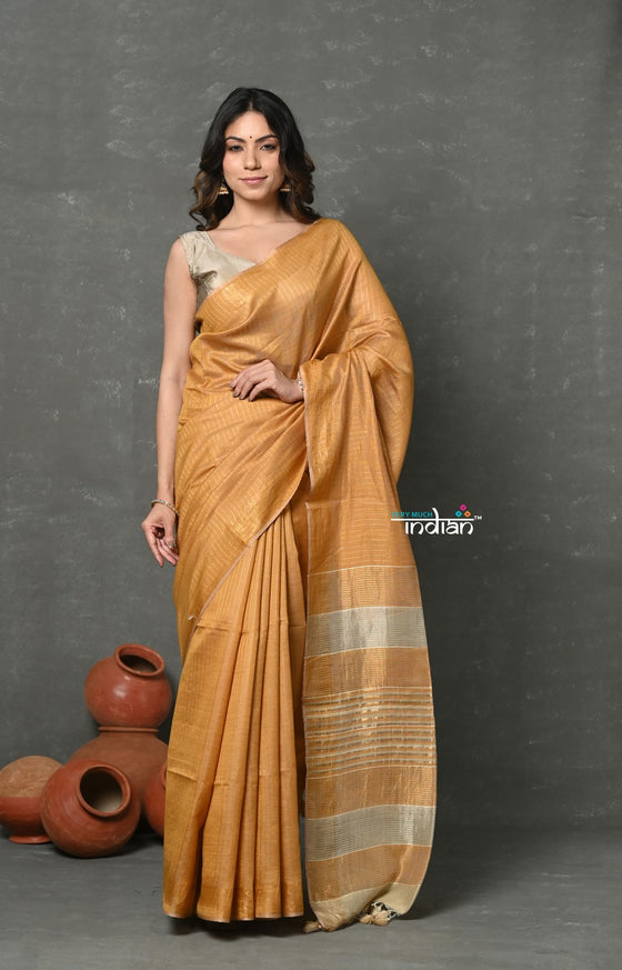 Tyohaar ~ Exclusive! Pure Cotton Handloom Saree By Khadigram Certified Weavers - Rust Orange