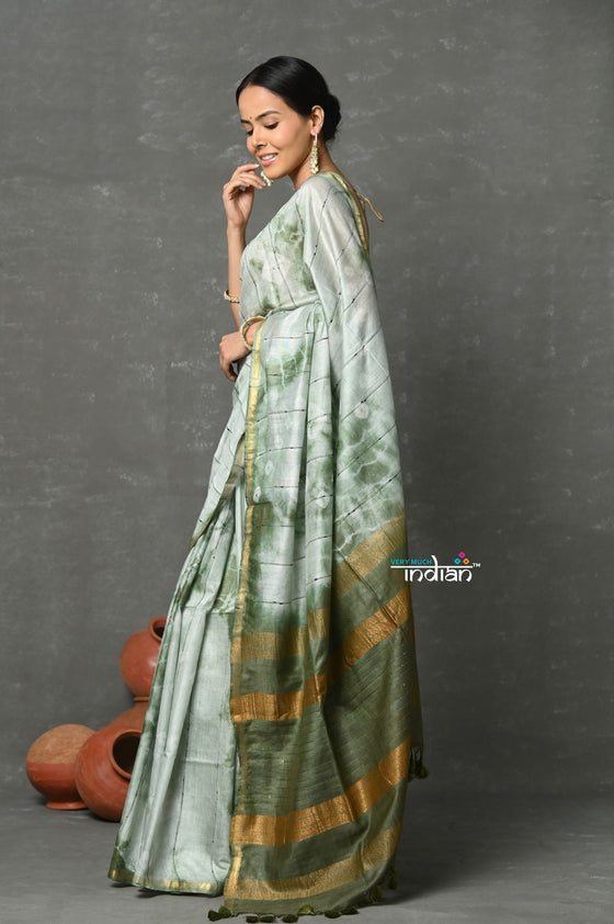 Tyohaar ~ Designer! Cotton Viscose Hand Dyed Saree With Sleek Border - Green