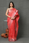 Tyohaar ~ Designed By VMI~ Handloom Pure Organic Natural Linen Saree - HandBlock Printed - Red