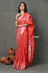 Tyohaar ~ Designed By VMI~ Handloom Pure Organic Natural Linen Saree - HandBlock Printed - Red