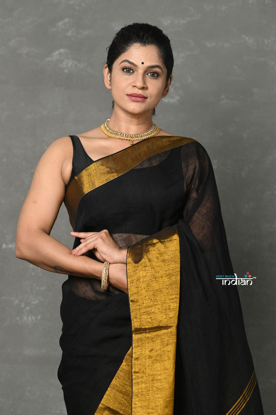 Tyohaar ~ Handloom Pure Cotton Linen Saree With Golden Border - Black