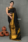 Tyohaar ~ Handloom Pure Cotton Linen Saree With Golden Border - Black