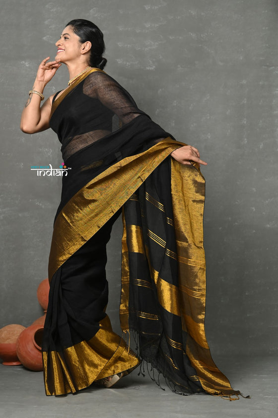 Tyohaar ~ Handloom Pure Cotton Linen Saree With Golden Border - Black