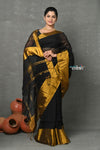 Tyohaar ~ Handloom Pure Cotton Linen Saree With Golden Border - Black