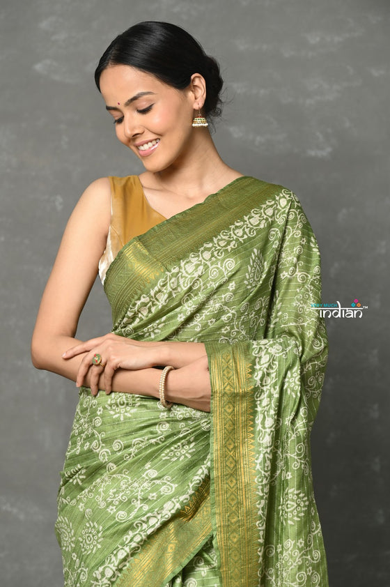 Tyohaar ~ Designer! Cotton Viscose Hand Block Saree With Sleek Border - Olive Green Purple