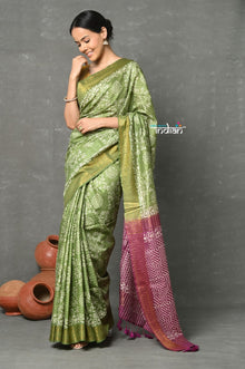  Tyohaar ~ Designer! Cotton Viscose Hand Block Saree With Sleek Border - Olive Green Purple