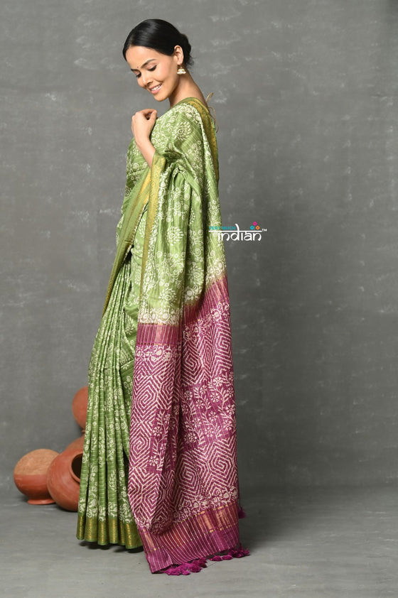 Tyohaar ~ Designer! Cotton Viscose Hand Block Saree With Sleek Border - Olive Green Purple