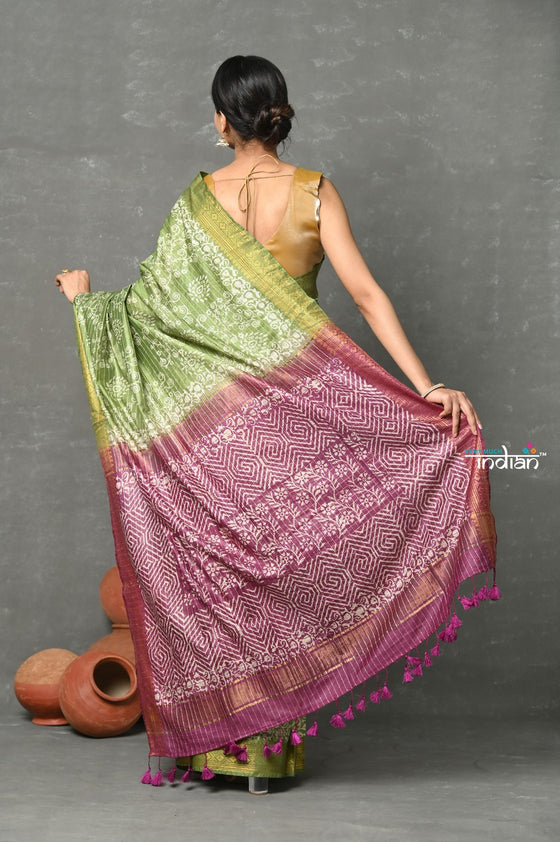 Tyohaar ~ Designer! Cotton Viscose Hand Block Saree With Sleek Border - Olive Green Purple