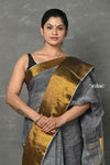 Tyohaar ~ Handloom Pure Cotton Linen Saree With Golden Border - Grey Gold