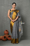 Tyohaar ~ Handloom Pure Cotton Linen Saree With Golden Border - Grey Gold