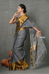 Tyohaar ~ Handloom Pure Cotton Linen Saree With Golden Border - Grey Gold