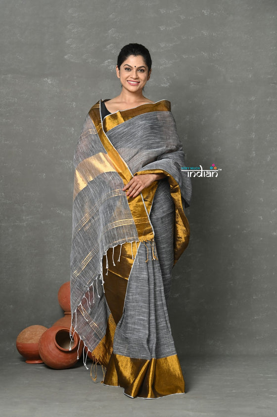 Tyohaar ~ Handloom Pure Cotton Linen Saree With Golden Border - Grey Gold