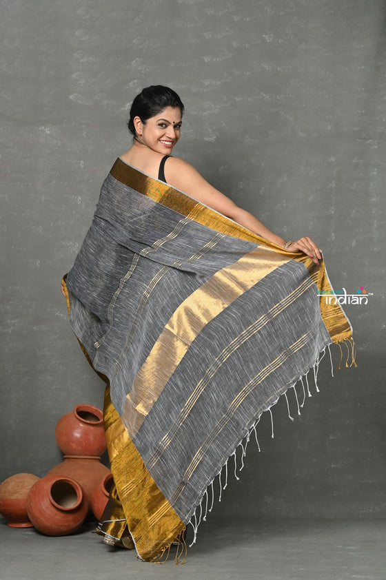 Tyohaar ~ Handloom Pure Cotton Linen Saree With Golden Border - Grey Gold