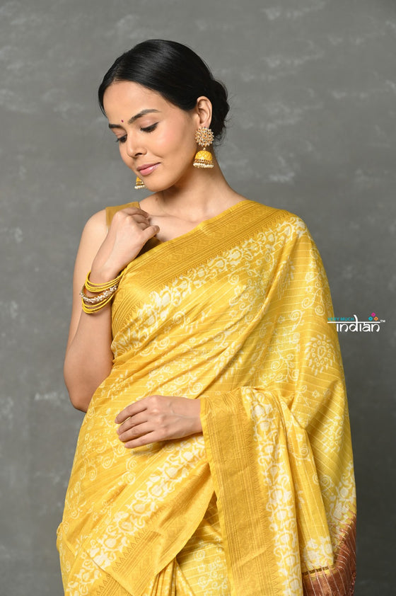 Tyohaar ~ Cotton Viscose Hand Dyed Saree With Handblock Print - Yellow Brown