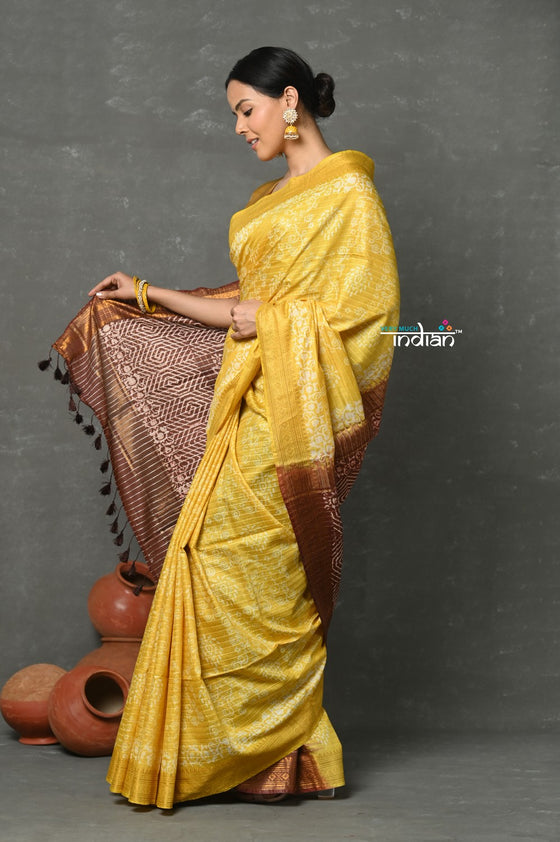 Tyohaar ~ Cotton Viscose Hand Dyed Saree With Handblock Print - Yellow Brown