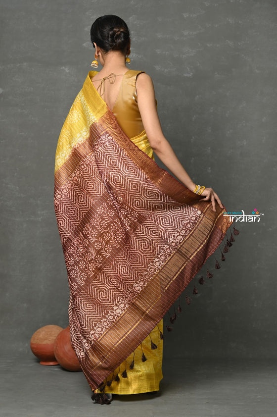 Tyohaar ~ Cotton Viscose Hand Dyed Saree With Handblock Print - Yellow Brown