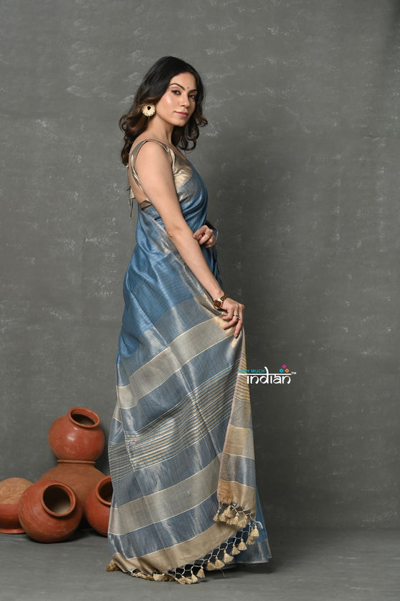 Tyohaar ~ Exclusive! Pure Cotton Handloom Saree By Khadigram Certified Weavers - Sapphire Blue