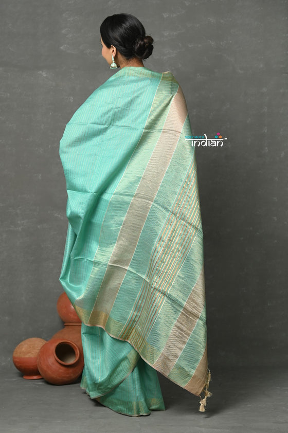 Tyohaar ~ Exclusive! Pure Cotton Handloom Saree By Khadigram Certified Weavers - Sea Green