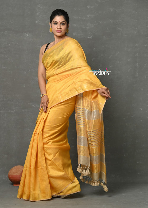 Tyohaar ~ Exclusive! Pure Cotton Handloom Saree By Khadigram Certified Weavers - Heather Yellow