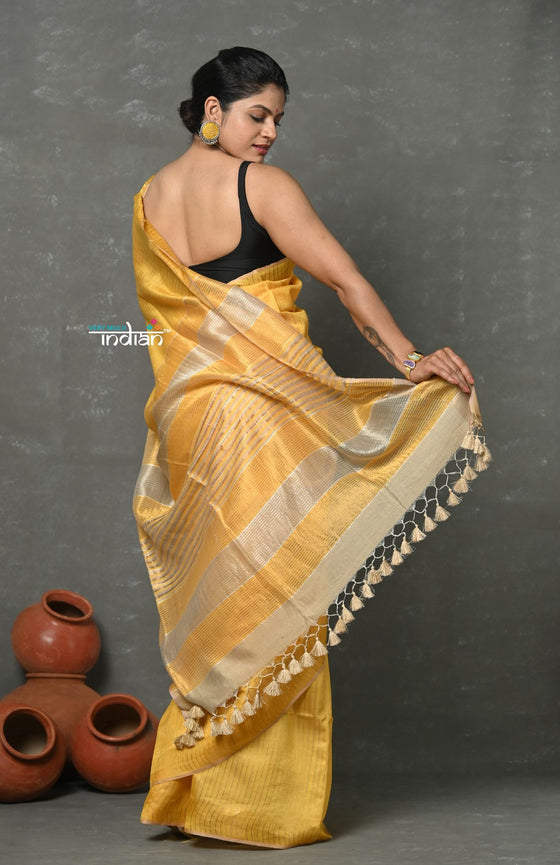 Tyohaar ~ Exclusive! Pure Cotton Handloom Saree By Khadigram Certified Weavers - Heather Yellow