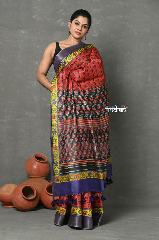 Tyohaar ~ Pure Tussar Silk Handloom with Kalamkari Print by Khadigram Certified Weavers ~ Red