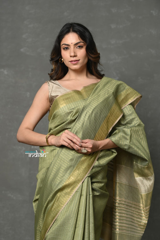 Tyohaar ~ Exclusive! Pure Cotton Handloom Saree By Khadigram Certified Weavers - Sage Green