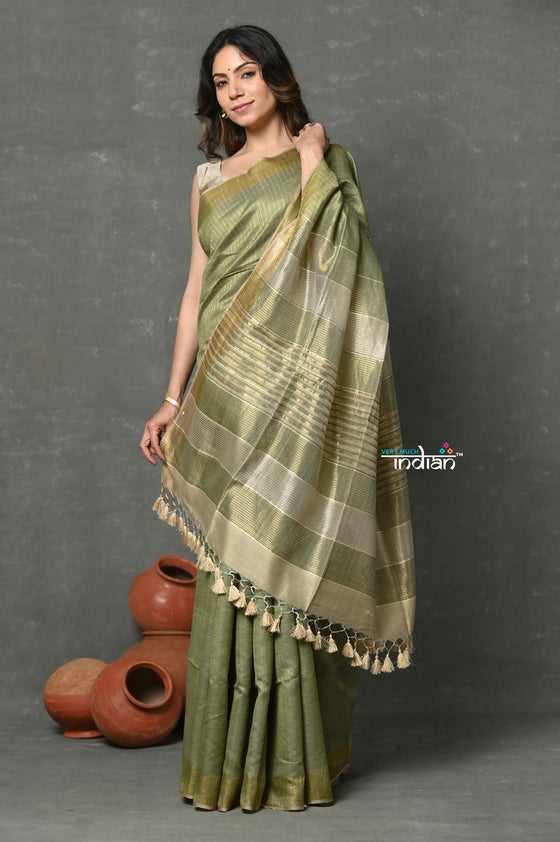 Tyohaar ~ Exclusive! Pure Cotton Handloom Saree By Khadigram Certified Weavers - Sage Green