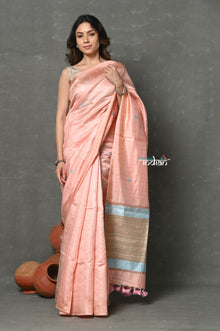  Tyohaar ~ Pure Dupion Silk Saree with Geometric Weave ~ Peach